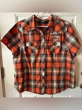 Harley-Davidson Orange and Black Plaid Short Sleeve Shirt